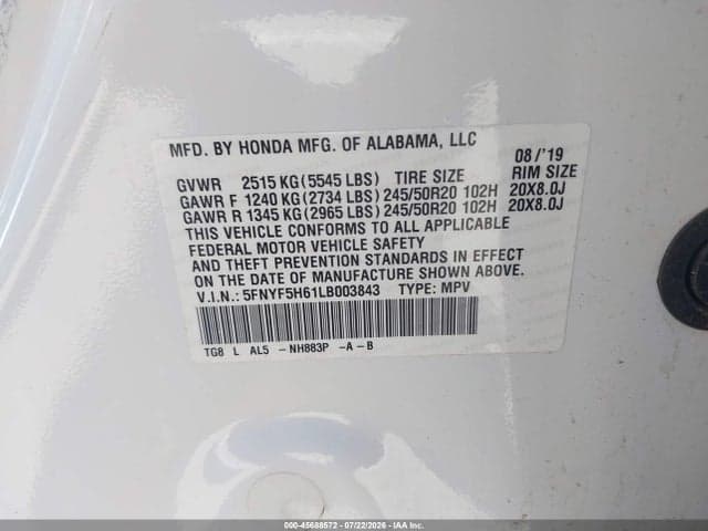 2020 HONDA PILOT 2WD TOURING 7 PASSENGER 9