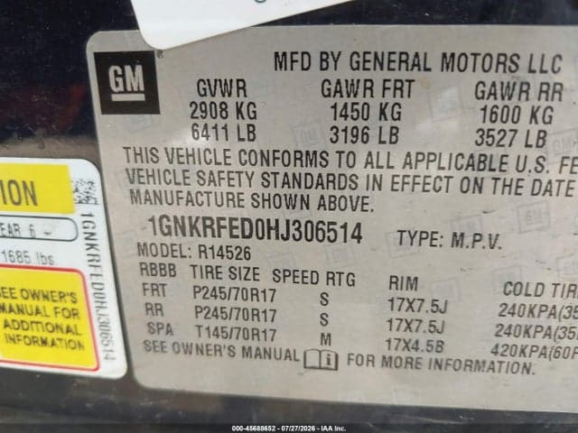 2017 CHEVROLET TRAVERSE LS 9