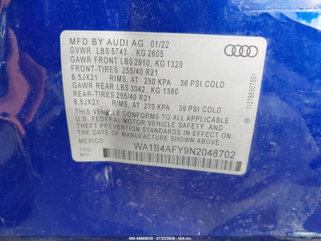 2022 AUDI SQ5 PREMIUM PLUS TFSI QUATTRO TIPTRONIC 9