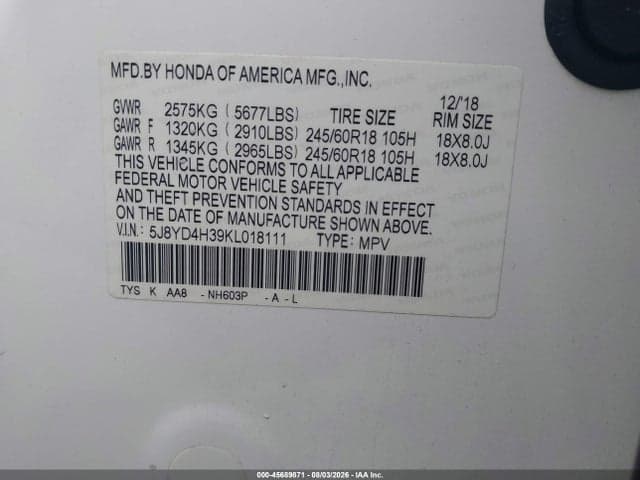 2019 ACURA MDX STANDARD 9