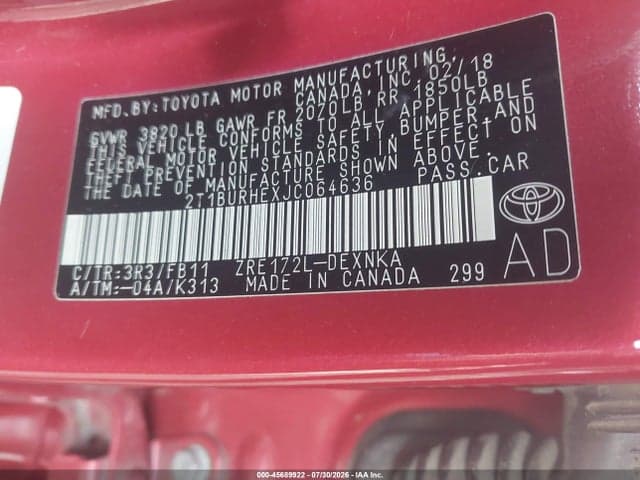 2018 TOYOTA COROLLA LE 9