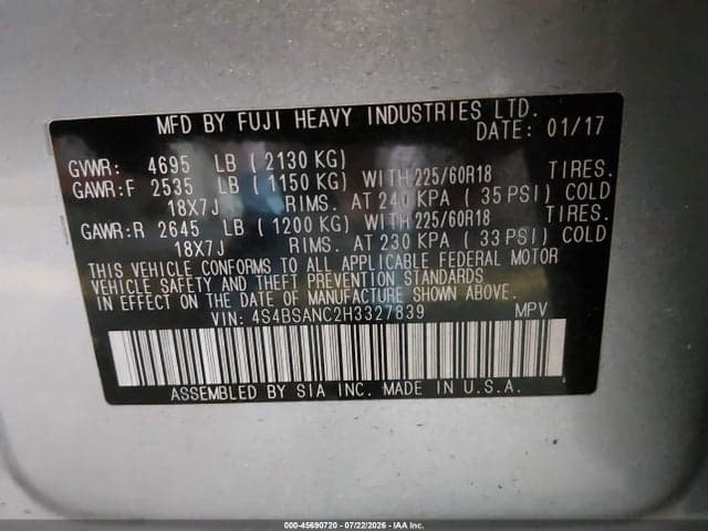 2017 SUBARU OUTBACK 2.5I LIMITED 9