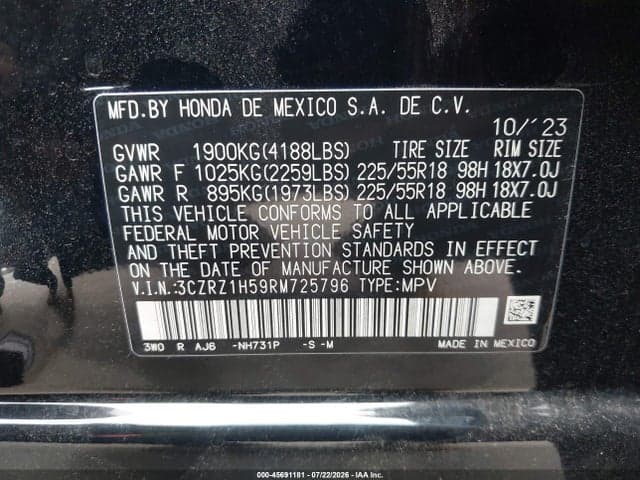 2024 HONDA HR-V 2WD SPORT/2WD SPORT W/O BSI 9