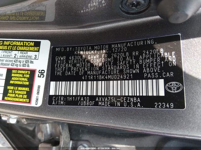 2021 TOYOTA CAMRY LE AWD 9