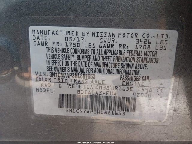 2017 NISSAN VERSA 1.6 S+ 9