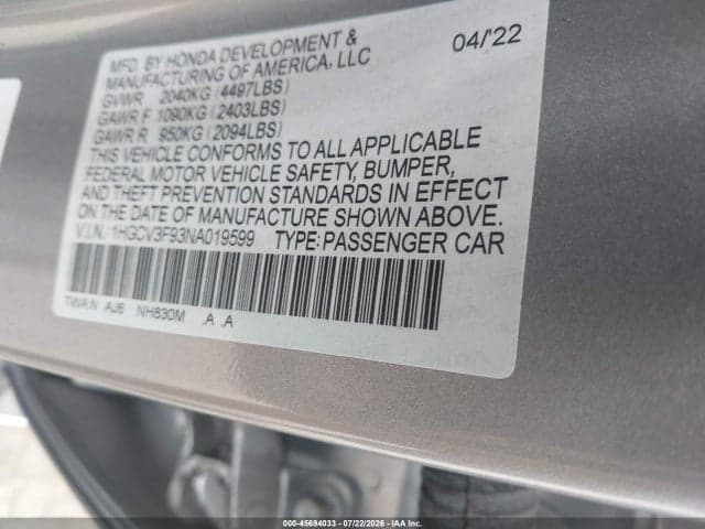 2022 HONDA ACCORD HYBRID TOURING 9