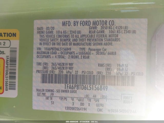 2020 FORD MUSTANG ECOBOOST PREMIUM FASTBACK 9