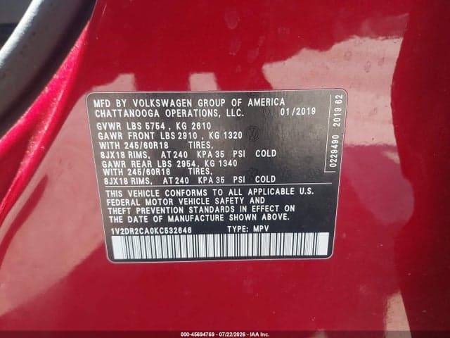 2019 VOLKSWAGEN ATLAS 3.6L V6 SE 9
