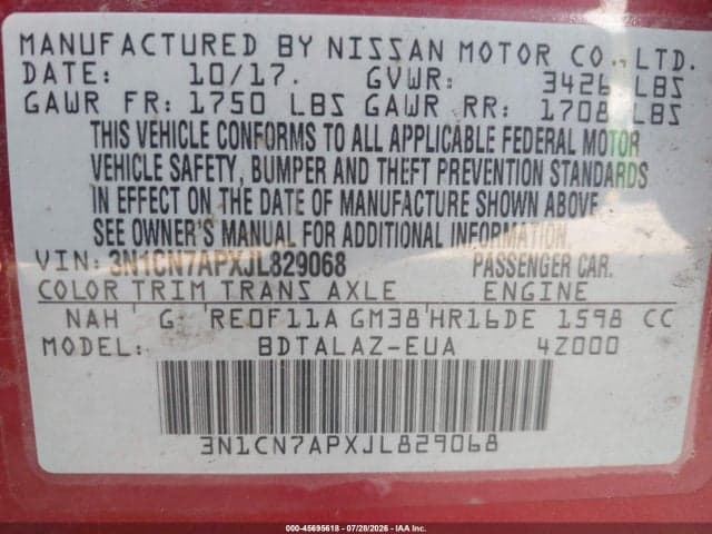 2018 NISSAN VERSA 1.6 S+ 9