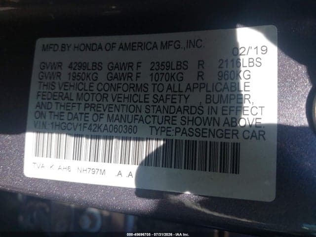 2019 HONDA ACCORD EX 9