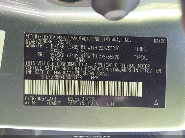 2020 TOYOTA HIGHLANDER PLATINUM 9