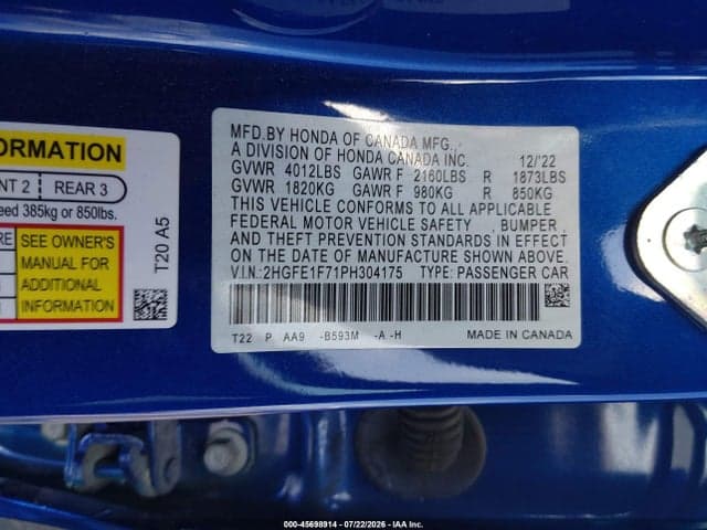 2023 HONDA CIVIC EX/EX W/O BSI 9