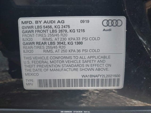 2020 AUDI Q5 PREMIUM PLUS 45 TFSI QUATTRO S TRONIC 9