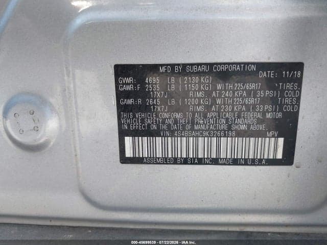 2019 SUBARU OUTBACK 2.5I PREMIUM 9