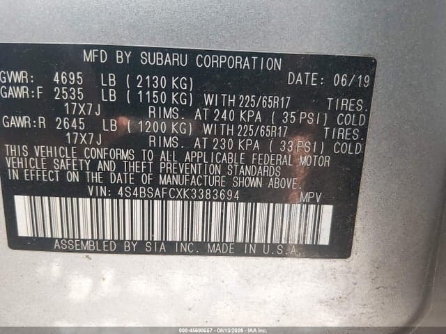 2019 SUBARU OUTBACK 2.5I PREMIUM 9