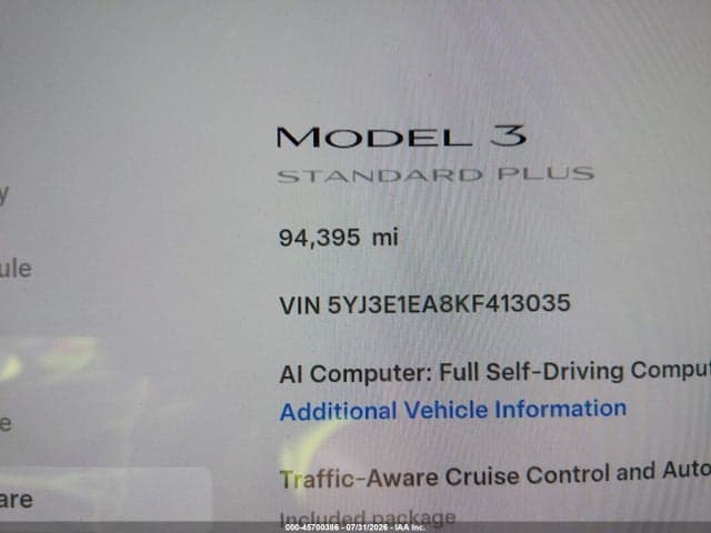 2019 TESLA MODEL 3 LONG RANGE/MID RANGE/STANDARD RANGE/STANDARD RANGE PLUS 15