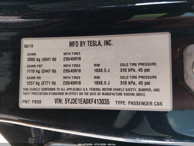2019 TESLA MODEL 3 LONG RANGE/MID RANGE/STANDARD RANGE/STANDARD RANGE PLUS 9