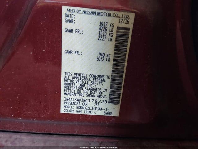 2017 NISSAN ALTIMA 2.5 S 9