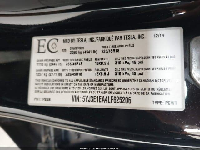 2020 TESLA MODEL 3 STANDARD RANGE PLUS REAR-WHEEL DRIVE/STANDARD RANGE REAR-WHEEL DRIVE 9