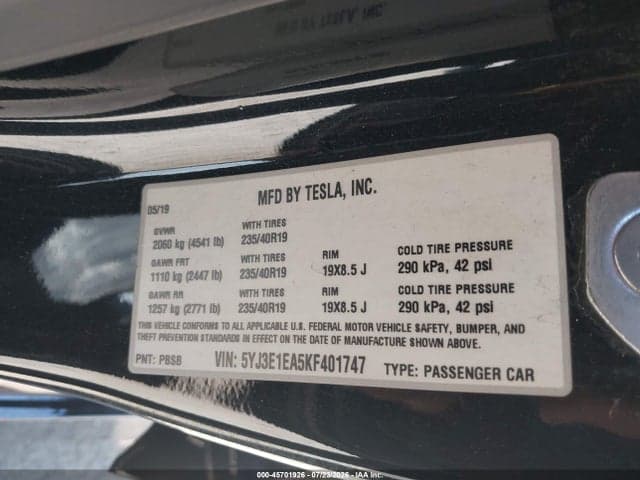 2019 TESLA MODEL 3 LONG RANGE/MID RANGE/STANDARD RANGE/STANDARD RANGE PLUS 9
