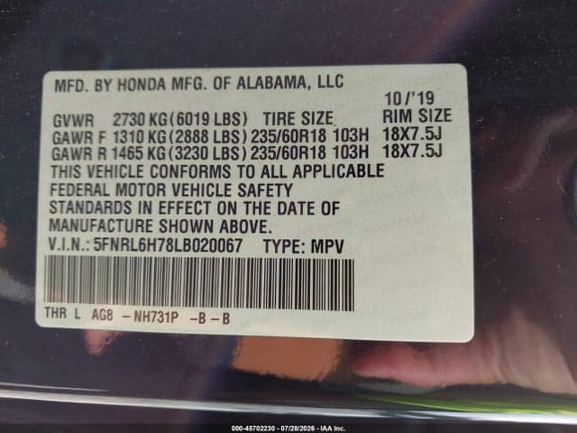2020 HONDA ODYSSEY EX-L/EX-L W/NAVI RES 9