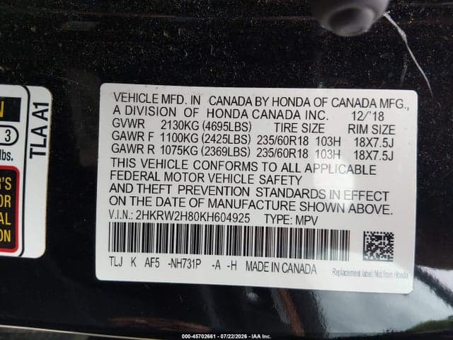 2019 HONDA CR-V EX-L 9