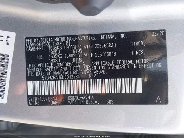 2020 TOYOTA HIGHLANDER XLE 9