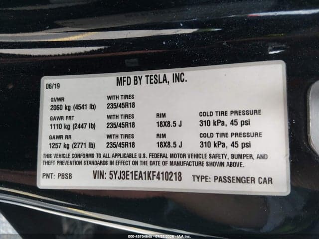 2019 TESLA MODEL 3 LONG RANGE/MID RANGE/STANDARD RANGE/STANDARD RANGE PLUS 9