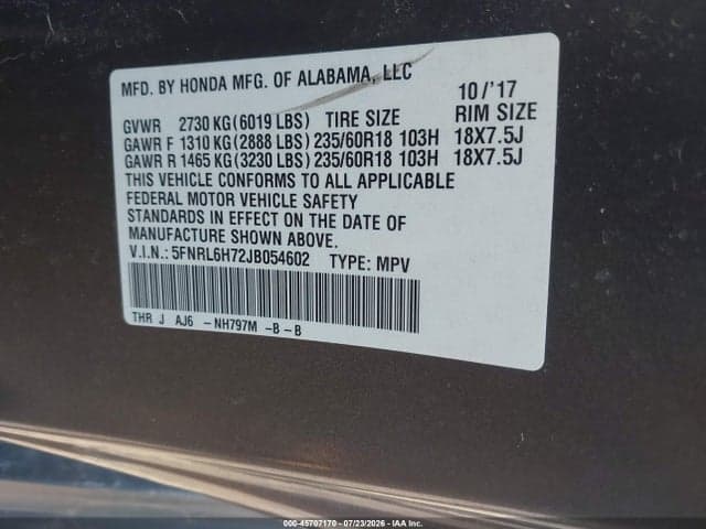 2018 HONDA ODYSSEY EX-L 9