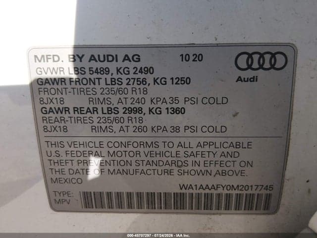 2021 AUDI Q5 PREMIUM 45 TFSI QUATTRO S TRONIC 9