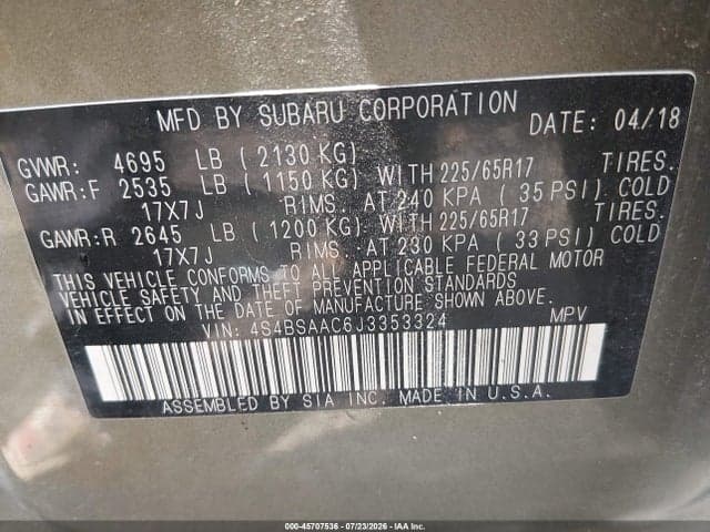 2018 SUBARU OUTBACK 2.5I 9