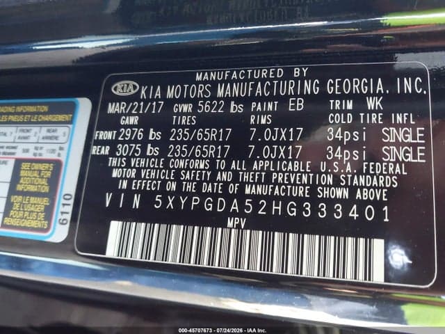 2017 KIA SORENTO 3.3L LX 9