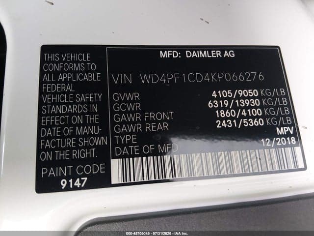 2019 MERCEDES-BENZ SPRINTER 2500 HIGH ROOF V6 9