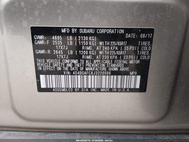 2018 SUBARU OUTBACK 2.5I PREMIUM 9