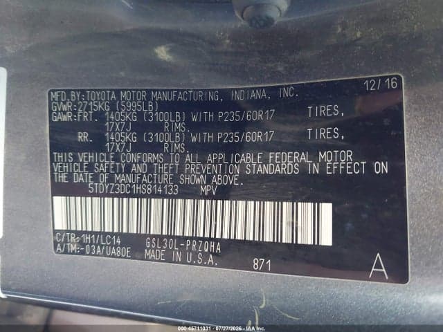 2017 TOYOTA SIENNA XLE 8 PASSENGER 9
