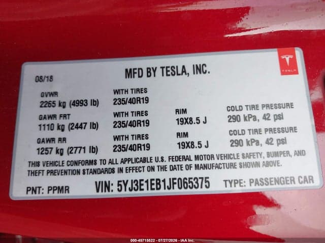2018 TESLA MODEL 3 LONG RANGE/PERFORMANCE 9