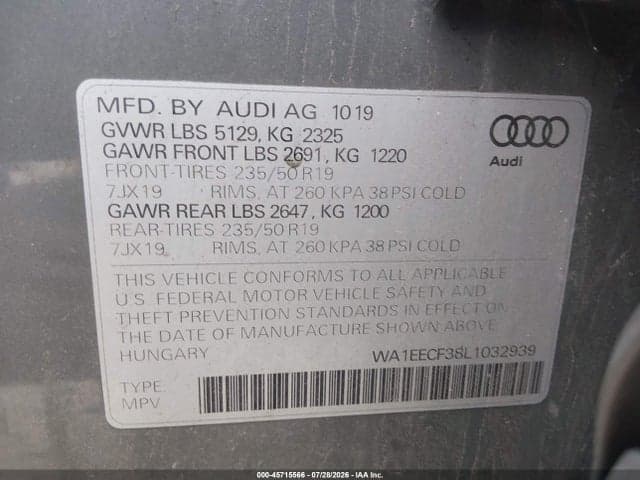 2020 AUDI Q3 PREMIUM PLUS 45 TFSI S LINE QUATTRO TIPTRONIC 9