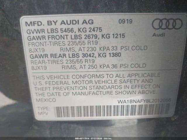 2020 AUDI Q5 PREMIUM PLUS 45 TFSI QUATTRO S TRONIC 9