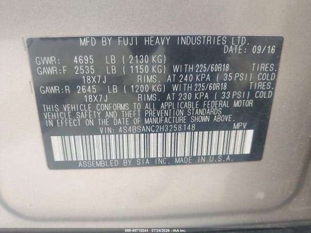 2017 SUBARU OUTBACK 2.5I LIMITED 9