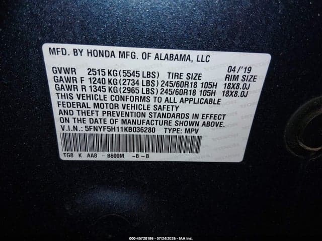2019 HONDA PILOT LX 9