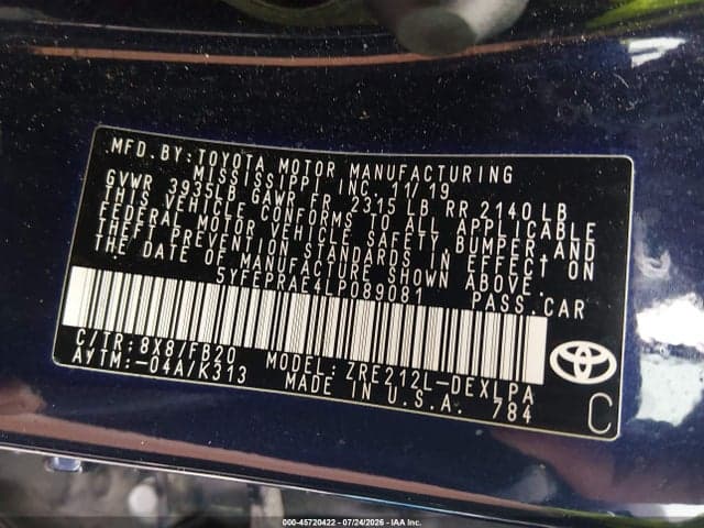 2020 TOYOTA COROLLA LE 9