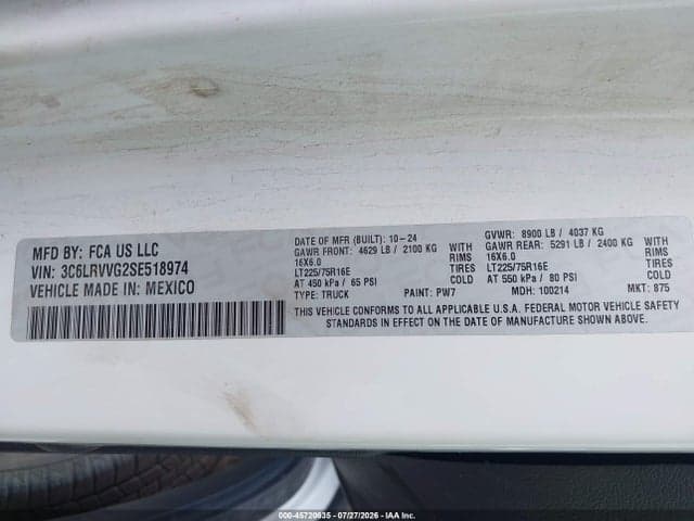 2025 RAM PROMASTER 2500 TRADESMAN LOW ROOF 136 WB W/PASS SEAT 9