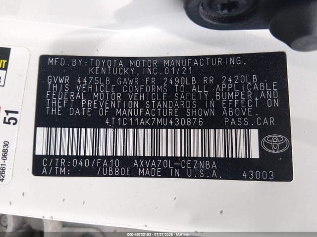 2021 TOYOTA CAMRY LE 9