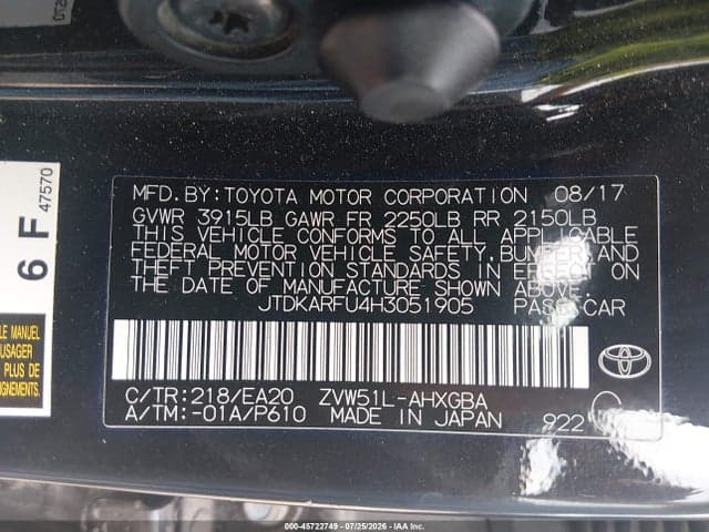 2017 TOYOTA PRIUS FOUR 9