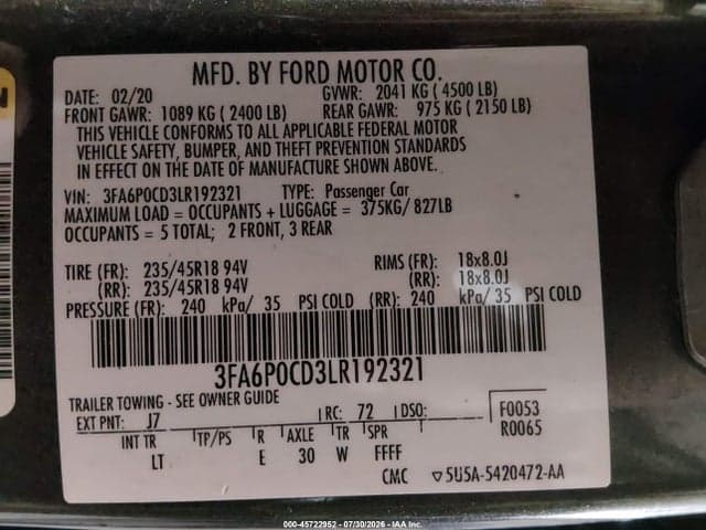 2020 FORD FUSION SEL 9