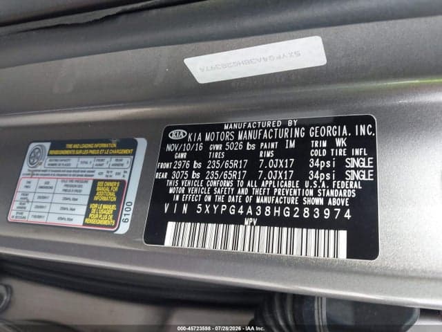 2017 KIA SORENTO 2.4L L 9
