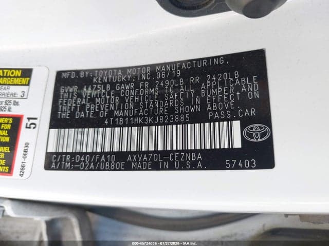 2019 TOYOTA CAMRY LE 9