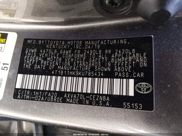 2019 TOYOTA CAMRY LE 9