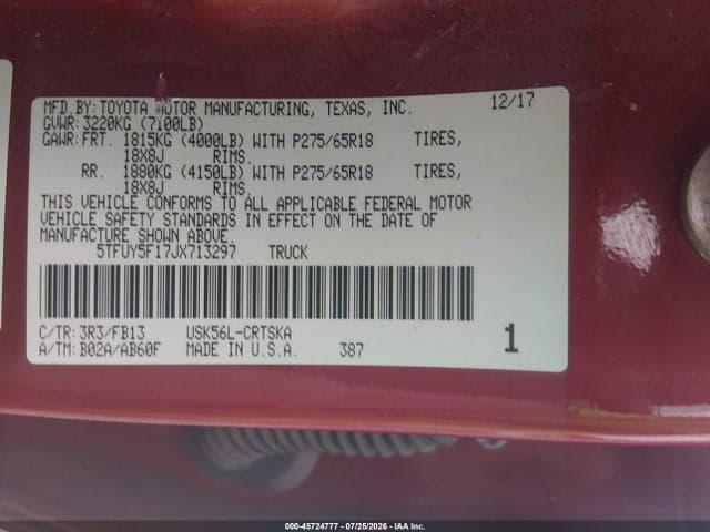 2018 TOYOTA TUNDRA SR5 5.7L V8 9