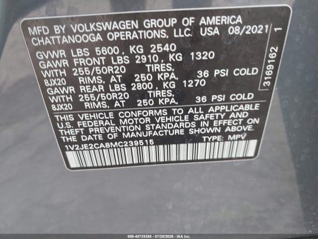 2021 VOLKSWAGEN ATLAS CROSS SPORT 3.6L V6 SE W/TECHNOLOGY 9